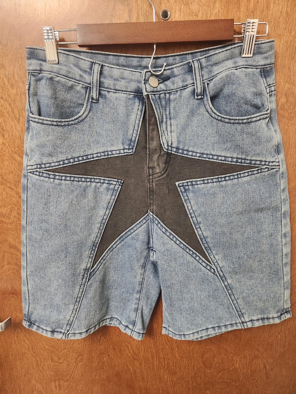 Blue Denim Jean Shorts with Black Star Inset